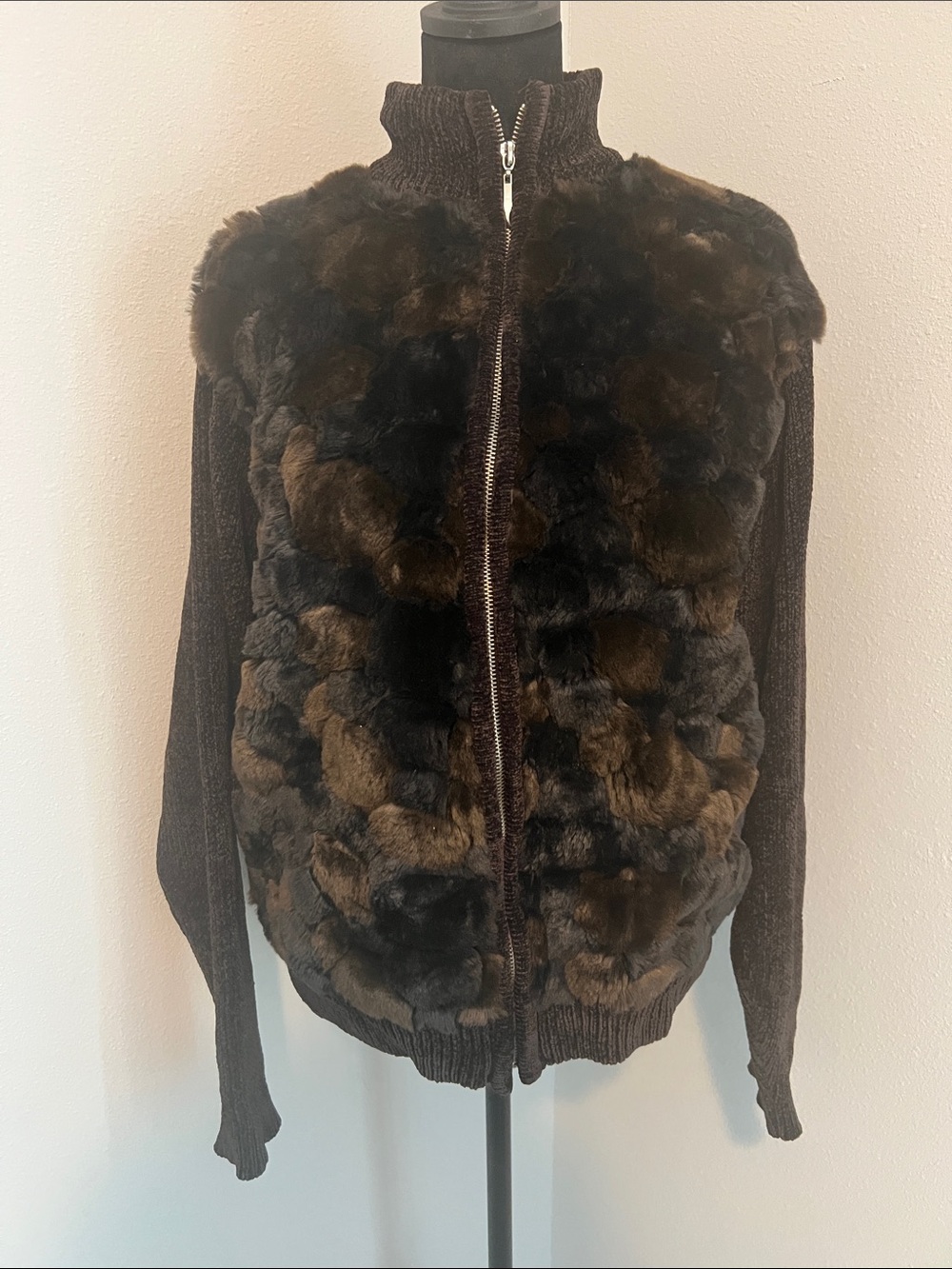 Lisa international Brown Faux Fur Front Zip Sweater Cardigan